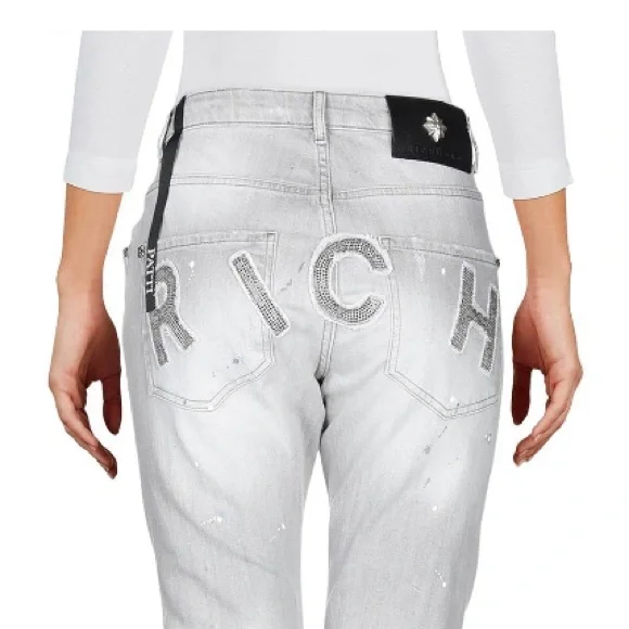 ⭐️ JOHN RICHMOND ⭐️HIGH WAISTED LIGHT GREY DENIM WASH W/BEADED BACK SIZE: (4) 27 - Picture 4 of 5